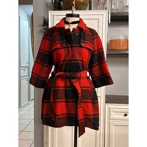 Red Black Plaid‎ Wool Blend Belted Coat Jacket Medium